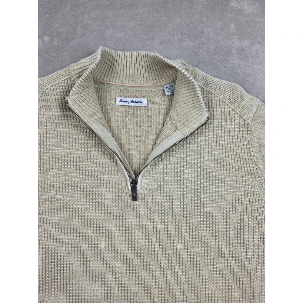 Tommy Bahama Sweater Mens XL Beige Quarter Zip Waffle Knit Cotton Pullover